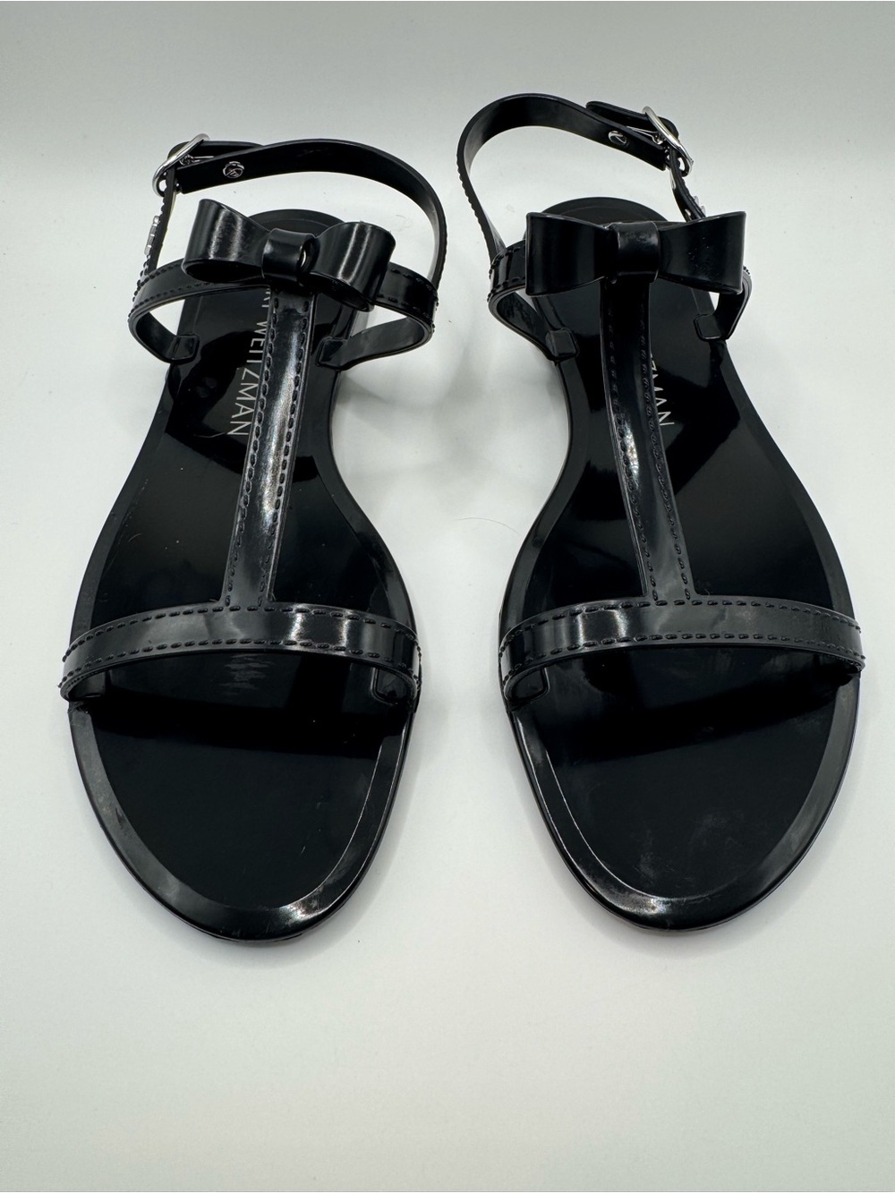 Stuart Weitzman Mellie Jellie Black Bow T-Strap Sandals Glossy Rubber 8